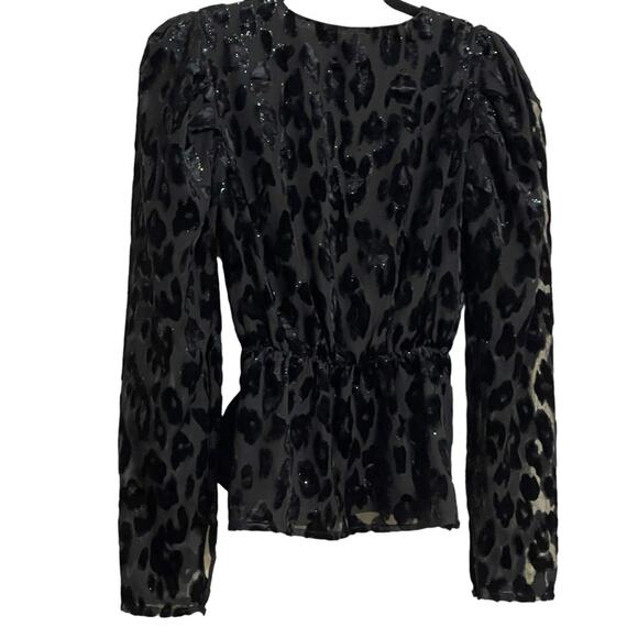 Express Wrap Front Leopard Metallic Long Sleeve Blouse Black  Size XS - Picture 2 of 5